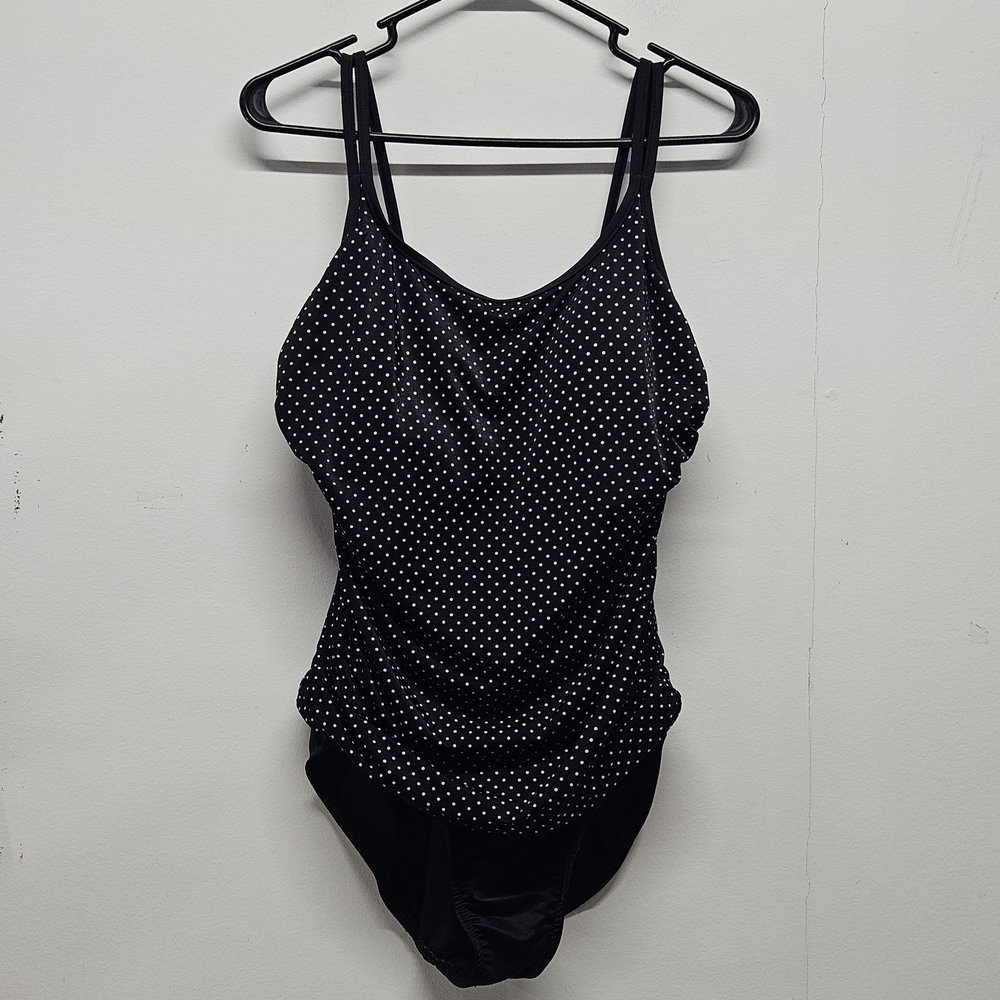 Miraclesuit Black White Polka Dot One Piece Swimsuit Size 10L Slimming